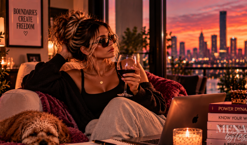 Woman relaxing confidently in a warm, upscale apartment with her dog beside her, representing the shift in power that comes from knowing your worth and being willing to walk away.