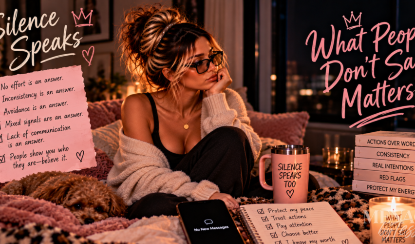 Woman sitting thoughtfully beside her dog with a phone showing no new messages, representing the realization that silence, avoidance, inconsistency, and the things people leave unsaid can communicate just as much as their words.