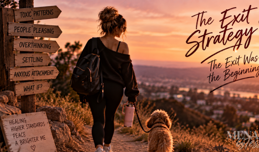 Woman walking a hillside trail with her dog at sunset, leaving old patterns behind and moving toward healing, peace, and higher standards, representing the realization that sometimes an ending is actually the beginning of a better life.