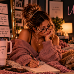 Woman journaling beside her dog surrounded by reminders about healthier relationships and higher standards, representing the realization that being wanted or chosen by someone is not the same as being consistently, safely, and genuinely loved.
