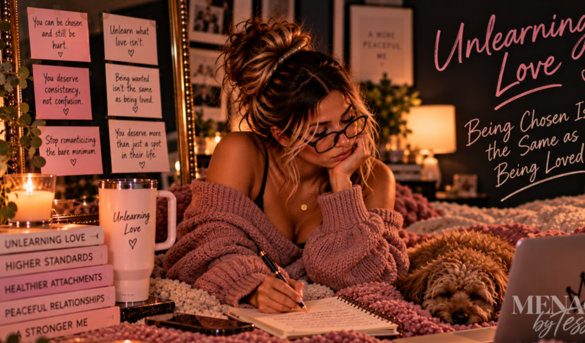 Woman journaling beside her dog surrounded by reminders about healthier relationships and higher standards, representing the realization that being wanted or chosen by someone is not the same as being consistently, safely, and genuinely loved.