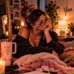 Woman sitting thoughtfully beside her dog, surrounded by reminders to trust herself, representing the realization that her intuition recognized the warning signs long before her heart was ready to accept them.