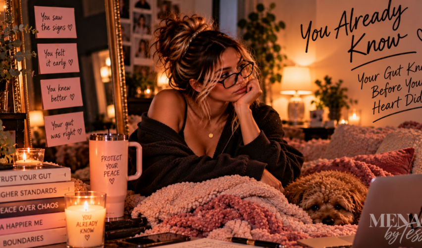 Woman sitting thoughtfully beside her dog, surrounded by reminders to trust herself, representing the realization that her intuition recognized the warning signs long before her heart was ready to accept them.