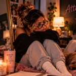 Woman sitting curled up beside her dog surrounded by reminders about healing and breaking unhealthy relationship patterns, representing the realization that emotional intensity, craving, and attachment can feel like love without actually being healthy love.