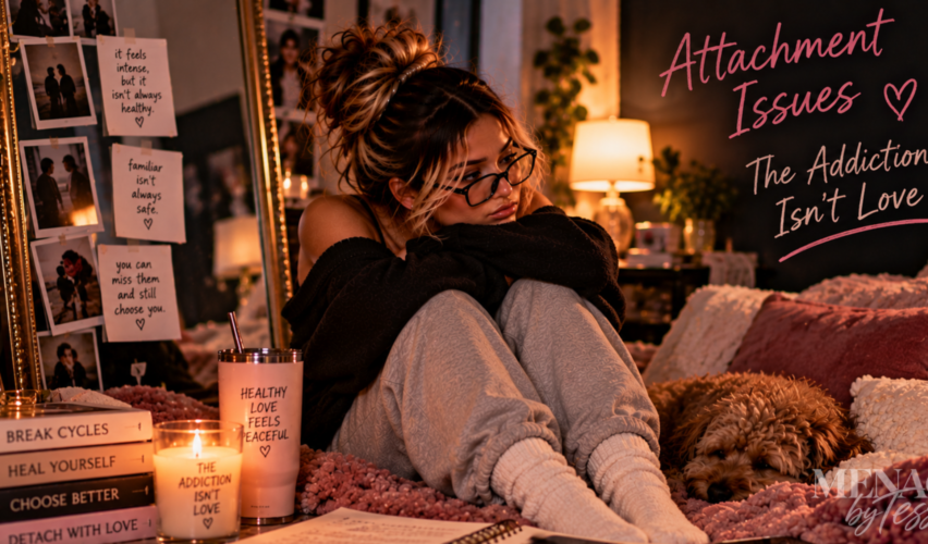 Woman sitting curled up beside her dog surrounded by reminders about healing and breaking unhealthy relationship patterns, representing the realization that emotional intensity, craving, and attachment can feel like love without actually being healthy love.