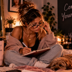 Woman journaling beside her dog in a cozy bedroom, surrounded by reminders of her goals and priorities, representing the importance of protecting your attention and intentionally choosing where your time, focus, and energy go.