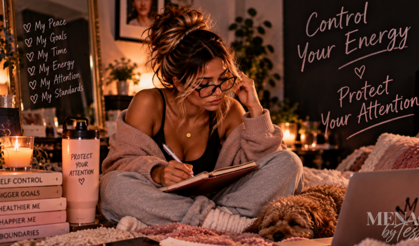 Woman journaling beside her dog in a cozy bedroom, surrounded by reminders of her goals and priorities, representing the importance of protecting your attention and intentionally choosing where your time, focus, and energy go.