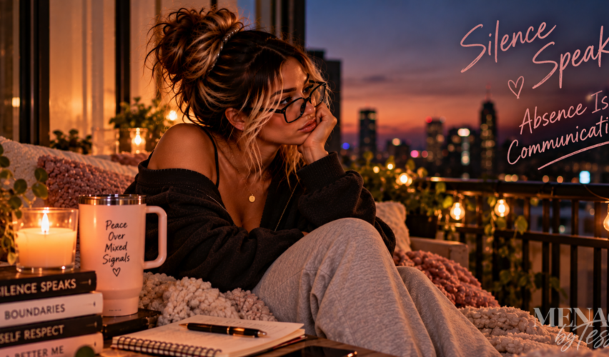 Woman sitting quietly on a balcony overlooking the city, representing the realization that someone’s absence, lack of effort, and continued silence can communicate an answer without a single word being said.