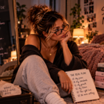 Woman reflecting in her bedroom surrounded by reminders of old patterns, higher standards, and personal growth, representing the realization that settling was never the life or love she originally planned for herself.