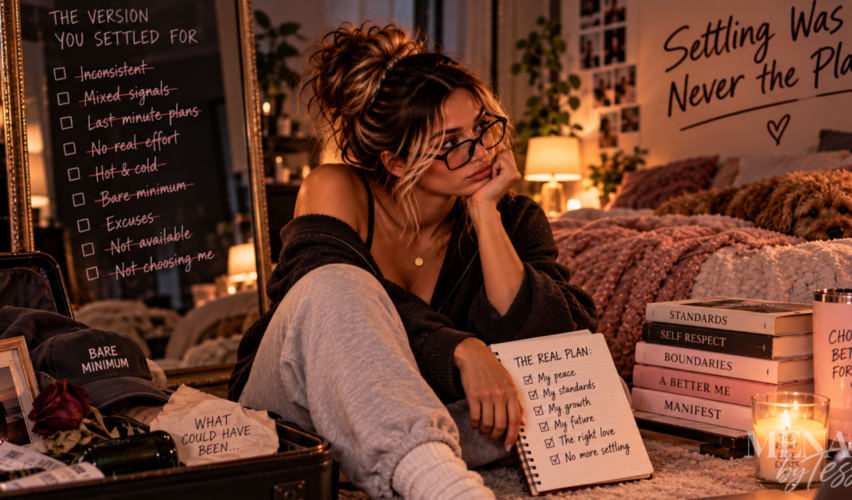 Woman reflecting in her bedroom surrounded by reminders of old patterns, higher standards, and personal growth, representing the realization that settling was never the life or love she originally planned for herself.