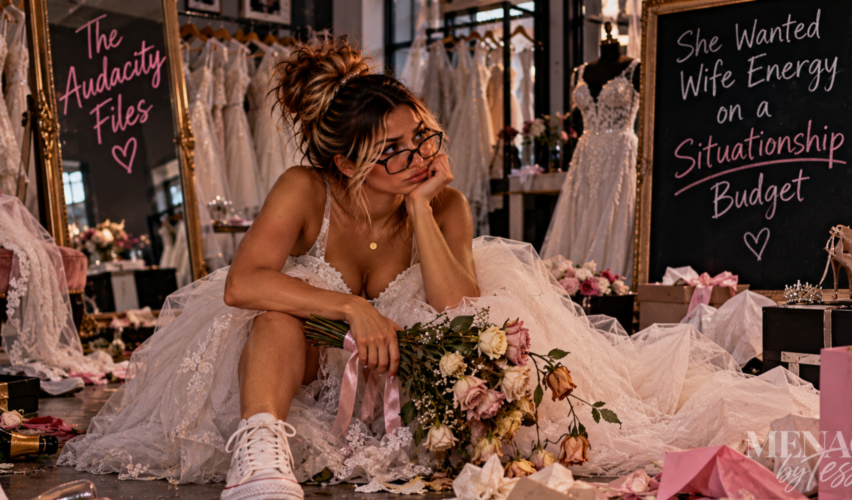 Woman sitting exhausted in a bridal shop surrounded by wedding dresses and wilted flowers, representing the absurdity of giving committed, wife-level effort to a relationship offering little commitment, consistency, or investment in return.
