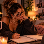 Woman working late at her desk surrounded by journals, books, and reminders of personal accountability, representing the hard truth that meaningful change begins when you stop waiting to be rescued and start taking responsibility for yourself.