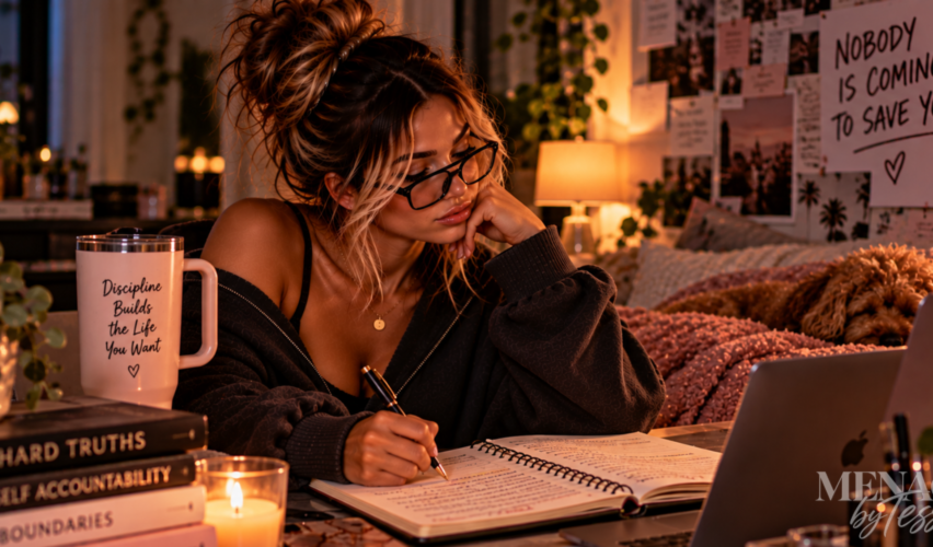 Woman working late at her desk surrounded by journals, books, and reminders of personal accountability, representing the hard truth that meaningful change begins when you stop waiting to be rescued and start taking responsibility for yourself.