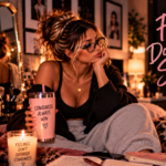Woman sitting thoughtfully surrounded by reminders of higher standards, healthier relationships, and self-respect, representing the realization that having feelings for someone doesn’t mean lowering your standards or accepting less than you deserve.