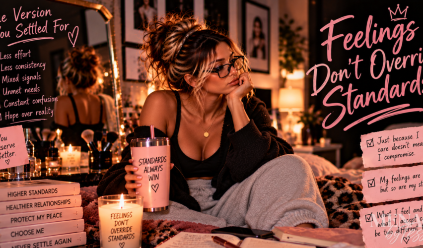 Woman sitting thoughtfully surrounded by reminders of higher standards, healthier relationships, and self-respect, representing the realization that having feelings for someone doesn’t mean lowering your standards or accepting less than you deserve.
