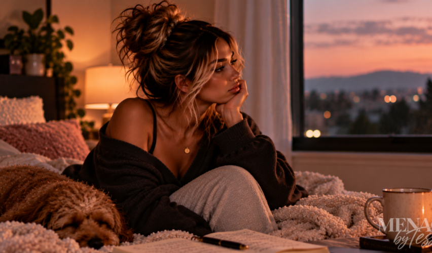 Woman sitting quietly with her dog at sunset, reflecting on the difficult truth that loving someone and choosing to leave can coexist when staying no longer protects your peace or well-being.