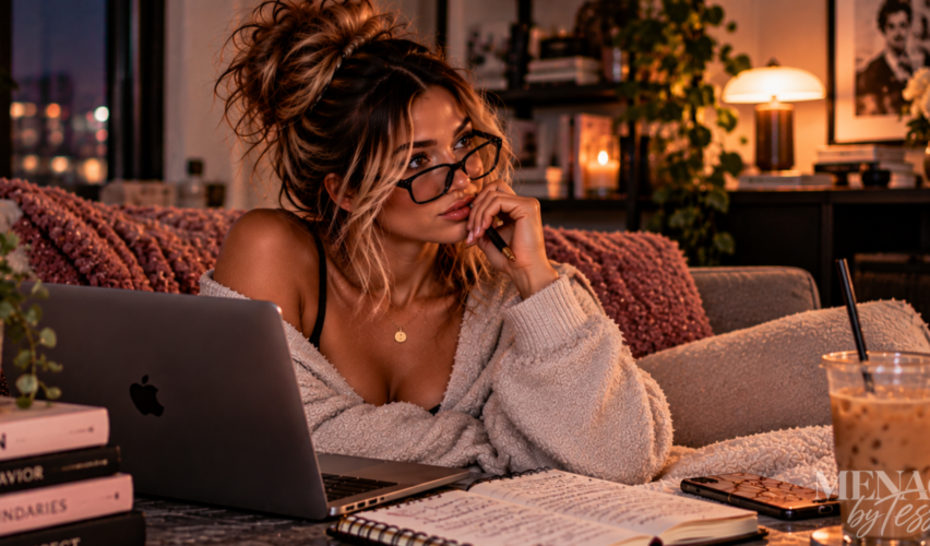 Woman thoughtfully analyzing relationship patterns with her laptop and notes, representing the difference between someone giving temporary attention and showing genuine interest through consistent effort, intention, and actions.