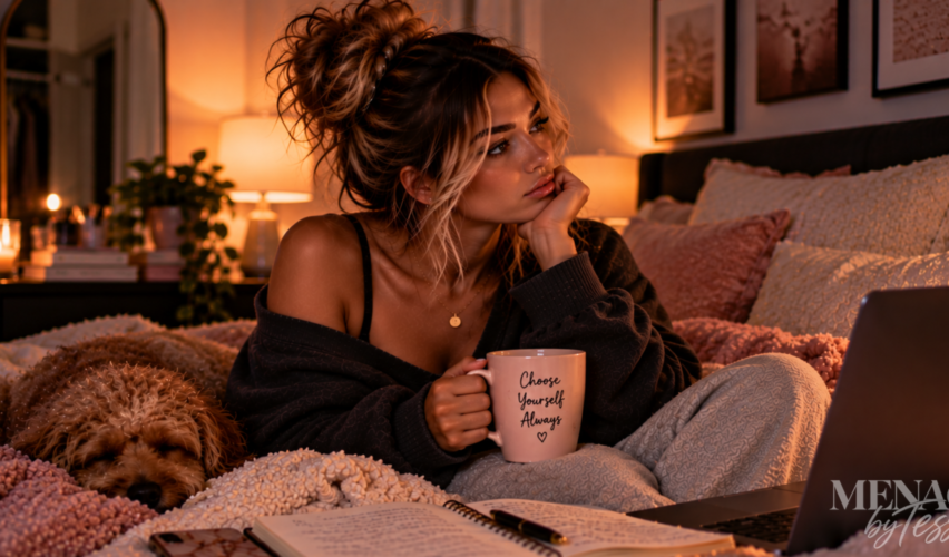 Woman sitting thoughtfully in bed with her dog beside her and a mug reminding her to choose herself, representing the truth that missing someone doesn’t mean returning to them is worth sacrificing your self-respect.