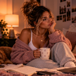 Woman sitting thoughtfully in bed with her dog nearby, surrounded by journals and personal reminders, representing the process of unlearning the belief that love must be earned through effort, perfection, or proving your worth.