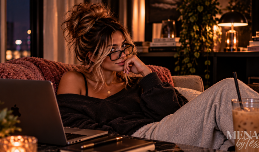 Woman relaxing with her laptop and iced coffee while giving a knowing look, representing the moment you stop searching for new answers, reread what was already said, and realize you knew the truth all along.
