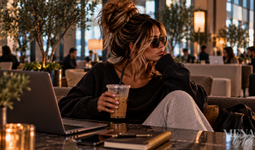 Woman sitting calmly in a busy café with her laptop and iced coffee, representing the power of protecting your energy and recognizing that not every comment, conflict, or distraction deserves a response.