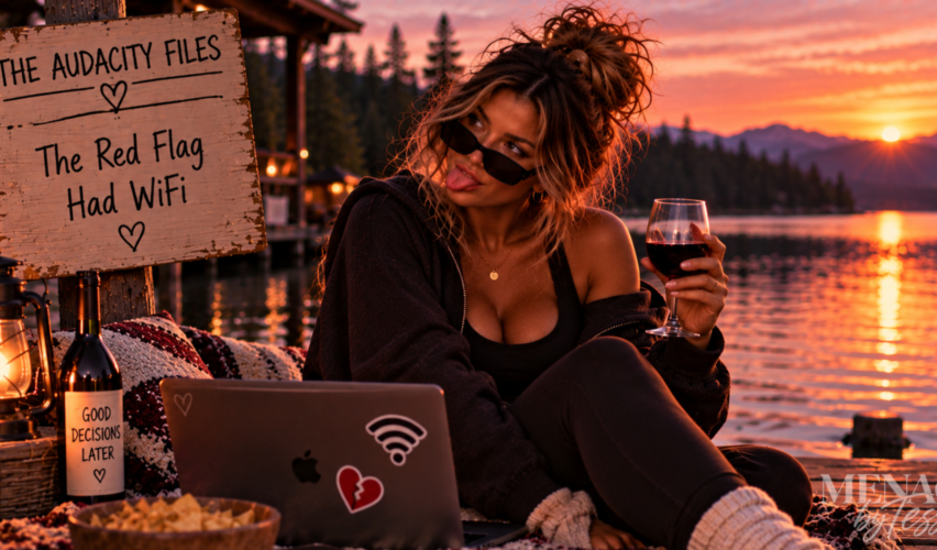 Woman relaxing lakeside with her laptop and a glass of wine, playfully reacting to obvious red flags, representing the humor in realizing that sometimes the warning signs were connected, online, and impossible to miss.
