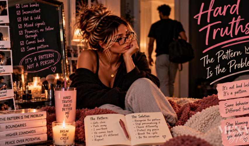 Woman sitting thoughtfully as a man walks away, surrounded by reminders of repeated relationship behaviors, representing the hard truth that sometimes the real problem isn’t one person—it’s the unhealthy pattern that keeps repeating.