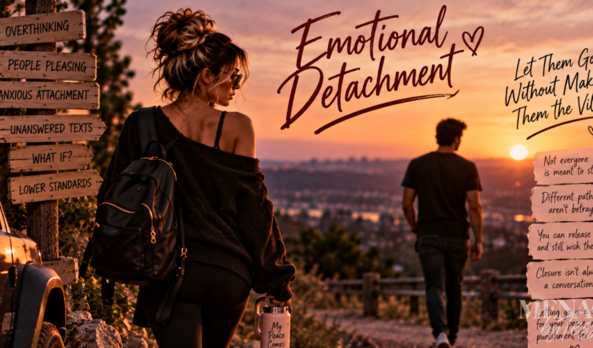 Woman walking away as a man takes a separate path at sunset, representing the peaceful choice to let someone go without blaming or villainizing them, while accepting that two people can simply be meant to move in different directions.