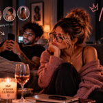 Woman sitting beside a man absorbed in watching her social media stories on his phone, representing the confusing modern dating pattern of someone consistently keeping tabs on you online while making no effort to actually communicate.