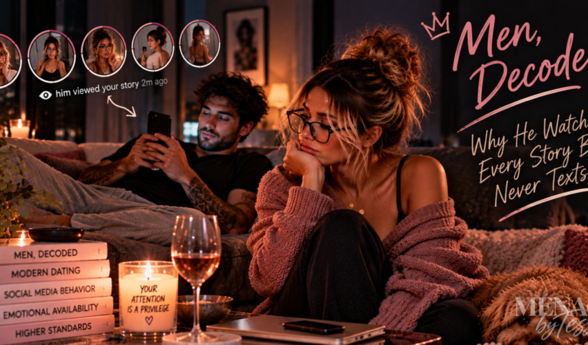 Woman sitting beside a man absorbed in watching her social media stories on his phone, representing the confusing modern dating pattern of someone consistently keeping tabs on you online while making no effort to actually communicate.