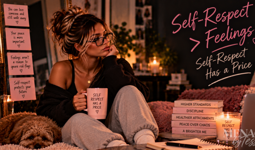 Woman sitting thoughtfully beside her dog surrounded by reminders about boundaries and higher standards, representing the reality that choosing self-respect can come with loss, discomfort, and difficult decisions, but protecting your peace is worth the price.