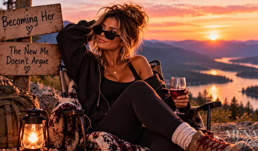 Woman relaxing confidently with a glass of wine at a peaceful mountain overlook, representing the growth that comes from no longer arguing, overexplaining, or fighting to be understood and instead choosing peace.