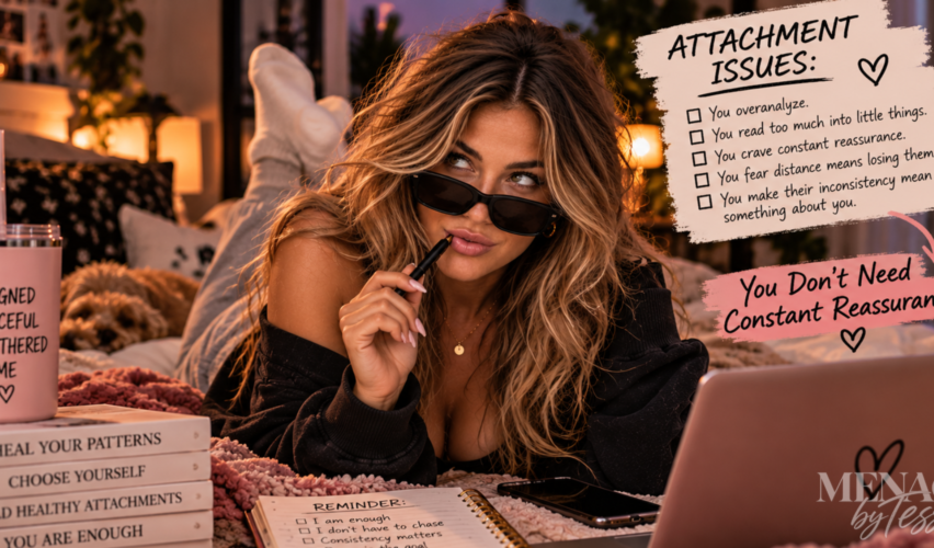 Woman relaxing confidently with her phone nearby but ignored, representing the realization that emotional security comes from trusting yourself rather than constantly seeking reassurance, validation, or proof from someone else.