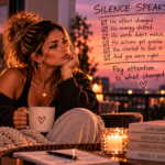 Woman sitting quietly as a man becomes distant in the background, representing the realization that subtle changes in someone’s effort, energy, and behavior can communicate what their words never say.