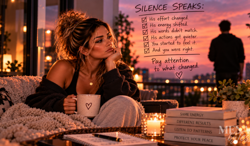 Woman sitting quietly as a man becomes distant in the background, representing the realization that subtle changes in someone’s effort, energy, and behavior can communicate what their words never say.