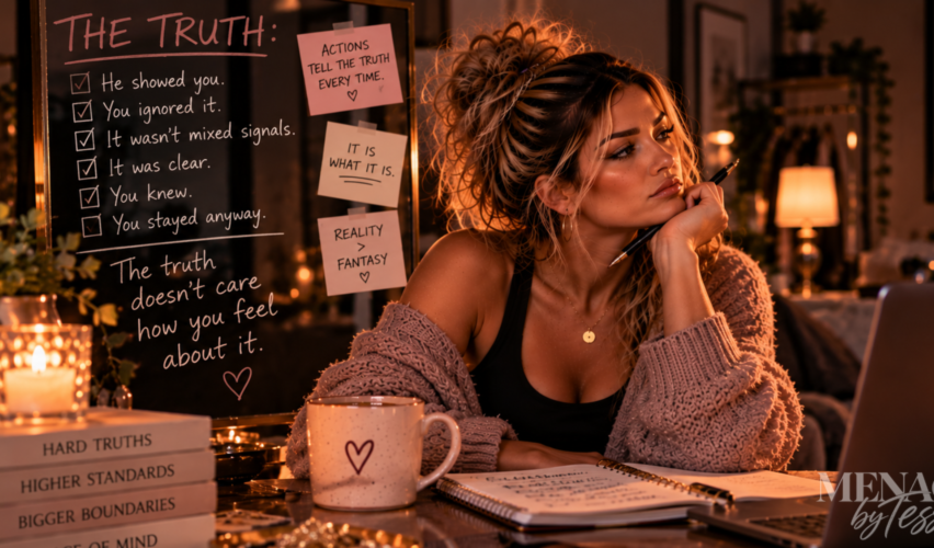 Woman confronting a list of uncomfortable truths about a relationship, representing the realization that reality remains true regardless of how painful, disappointing, or difficult it may be to accept.