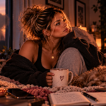 Woman sitting quietly with her dog while the reflection of a couple appears in the window behind her, representing how grieving a relationship can coexist with still loving the person you’re learning to let go.