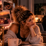Woman reflecting on the relationship she imagined while a man remains distracted in the background, representing the realization that someone’s priorities are revealed by where they consistently choose to spend their time and attention.