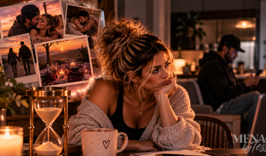 Woman reflecting on the relationship she imagined while a man remains distracted in the background, representing the realization that someone’s priorities are revealed by where they consistently choose to spend their time and attention.
