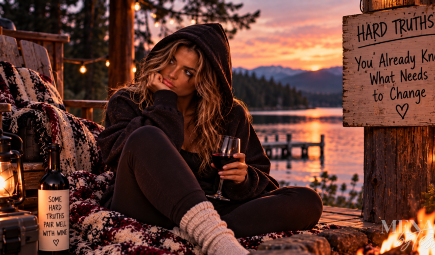 Woman sitting beside a lakeside fire with a glass of wine, reflecting on the hard truth that recognizing what needs to change is only the beginning—choosing to actually change it is the next step.