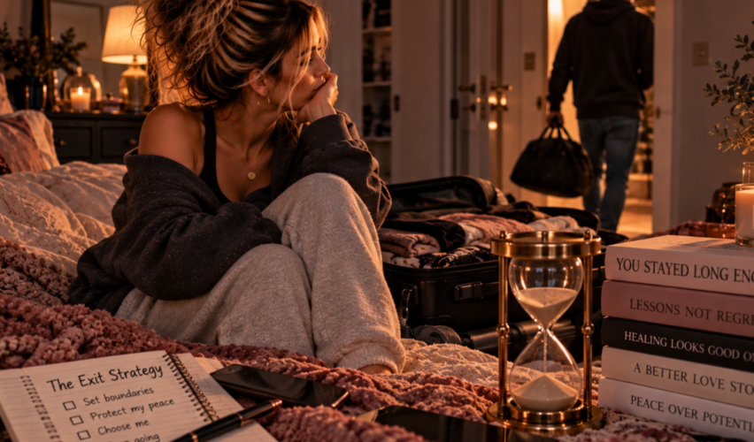 Woman sitting beside an hourglass as a man leaves with his belongings, representing the realization that she stayed long enough, gave enough time, and is finally ready to choose herself and move forward.