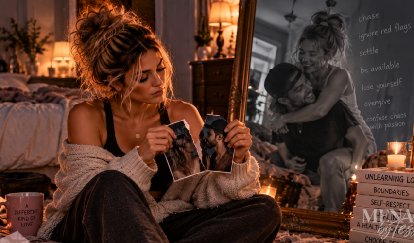 Woman tearing apart an old romantic photograph while surrounded by reminders of unhealthy relationship patterns, representing the realization that the love story she once believed in was something she needed to unlearn.