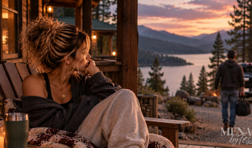 Woman sitting quietly on a cabin porch as a man walks away with his belongings, representing the painful realization that deep down, she already knew the relationship was ending and deserved better.