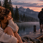 Woman sitting quietly by a mountain lake as a man appears to drift in and out of the scene, representing how inconsistent attention can create an addictive cycle of hope, uncertainty, and emotional attachment.