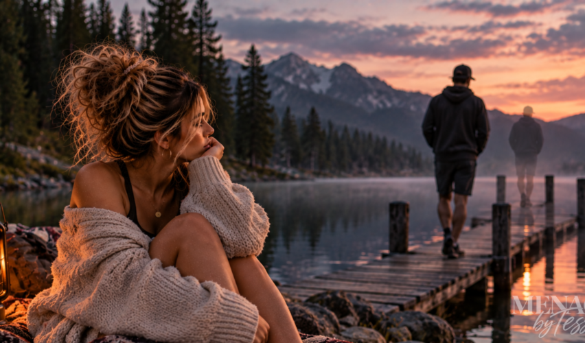 Woman sitting quietly by a mountain lake as a man appears to drift in and out of the scene, representing how inconsistent attention can create an addictive cycle of hope, uncertainty, and emotional attachment.