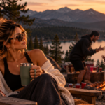 Woman relaxing peacefully beside a mountain lake while chaos unfolds around a nearby campfire, representing the choice to protect your energy by refusing to engage with drama that disrupts your peace.