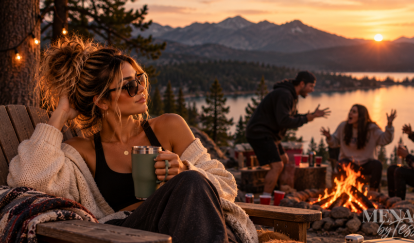 Woman relaxing peacefully beside a mountain lake while chaos unfolds around a nearby campfire, representing the choice to protect your energy by refusing to engage with drama that disrupts your peace.