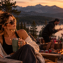 Stop Entertaining Chaos Woman relaxing peacefully beside a mountain lake while chaos unfolds around a nearby campfire, representing the choice to protect your energy by refusing to engage with drama that disrupts your peace.