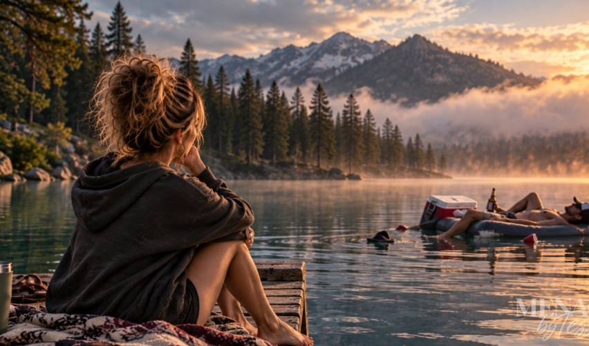 Woman sitting quietly on a lakeside dock while a man lounges passively on a struggling raft in the distance, representing the realization that someone’s lack of effort can be the clearest message of all.