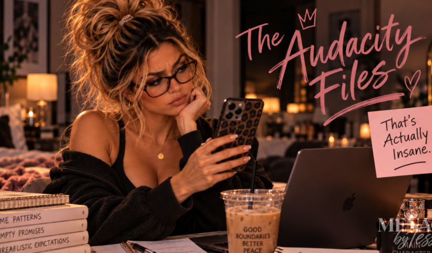 Woman staring at her phone with a deeply unimpressed expression, surrounded by reminders of questionable patterns and excuses, representing the moment someone’s audacity is so unbelievable that the only reasonable response is, “That’s actually insane.”